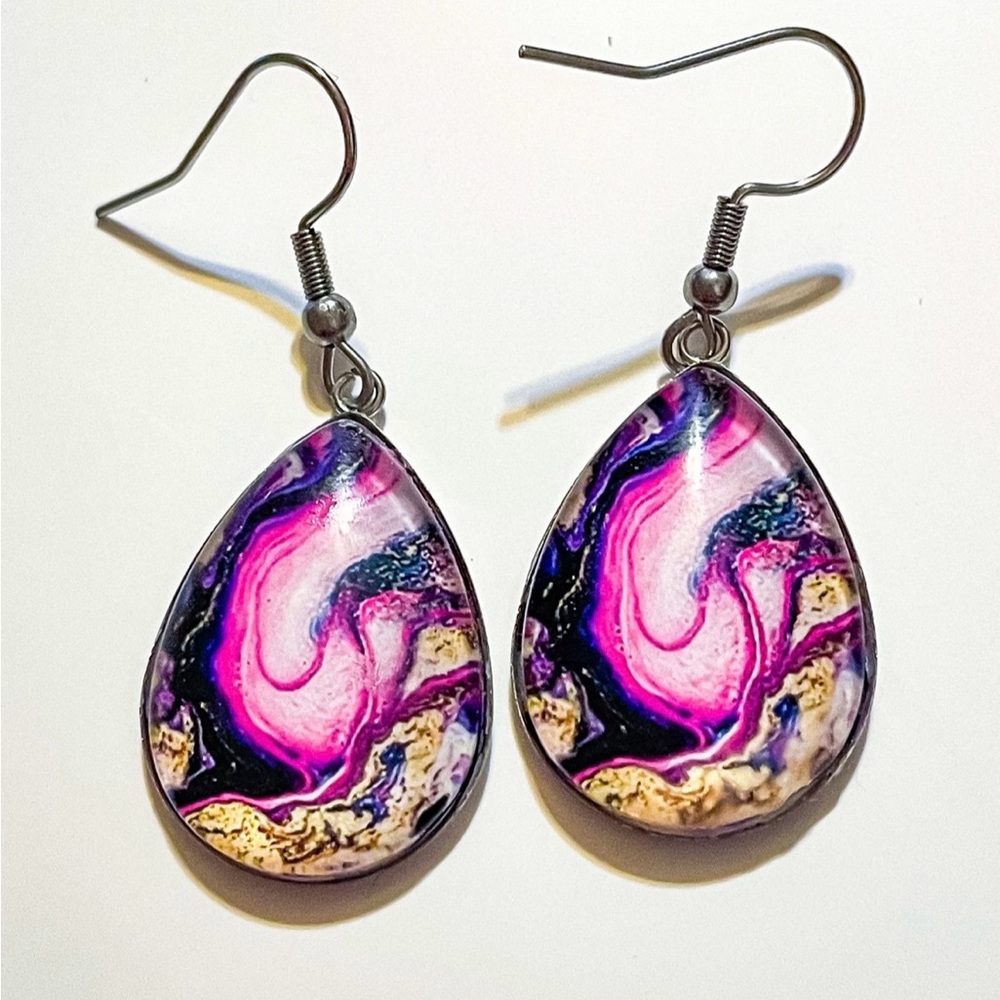 Pink & Gold Abstract Teardrop Dangle Earrings